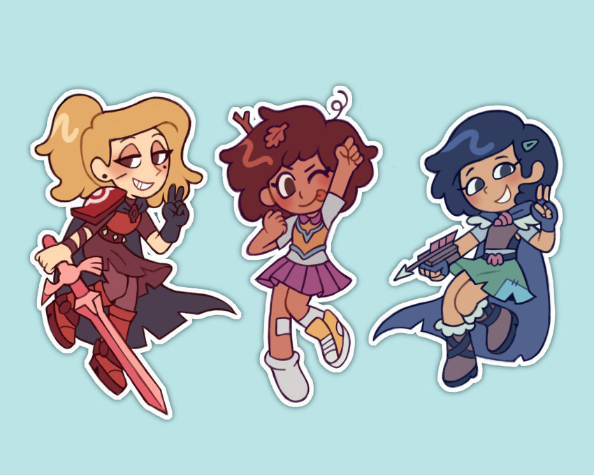 3girls amphibia anne_boonchuy arm_up arrow_(projectile) black_cape blonde_hair blue_background blue_cape blue_hair brown_hair cape chereverie chibi chibi_only hair_ornament hairclip highres holding holding_sword holding_weapon looking_at_viewer marcy_wu mole mole_under_eye multiple_girls ponytail sasha_waybright simple_background smile sword tongue tongue_out v weapon