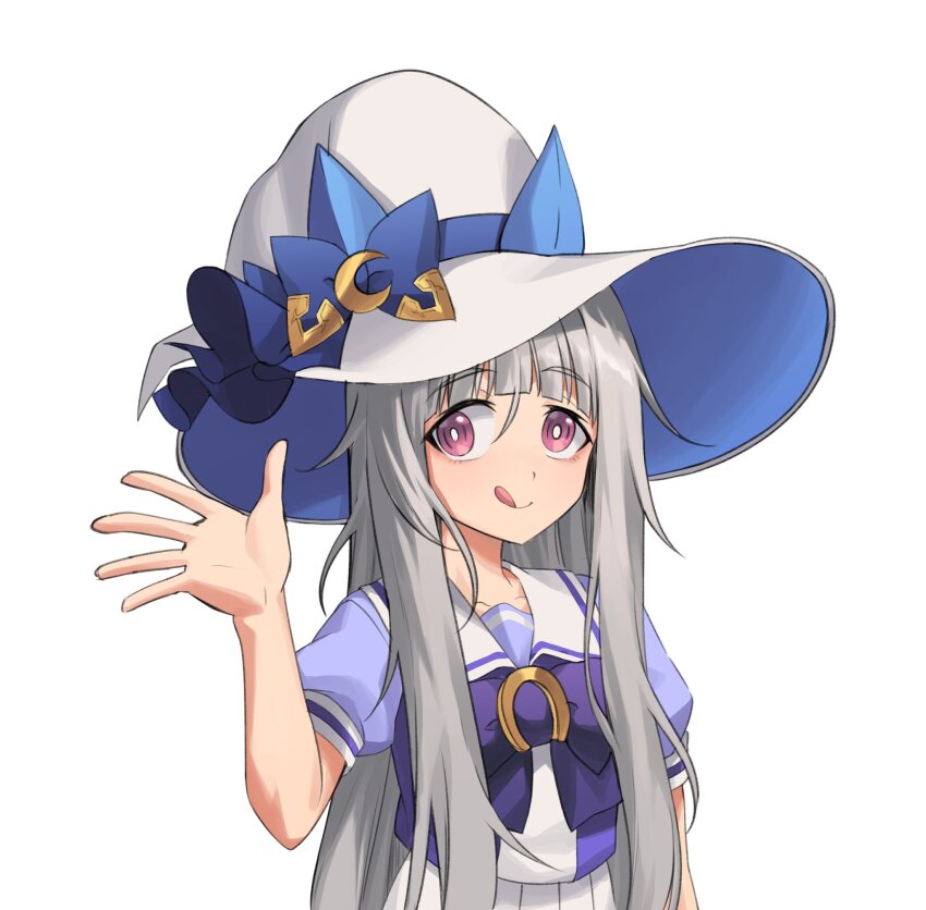 1girl 6_9 blue_bow blue_hat blunt_bangs bow bowtie bright_pupils commentary fukuro_(maruaru00) genderswap genderswap_(mtf) grey_hair hat hat_bow highres hishi_miracle_(racehorse) horseshoe_ornament long_hair looking_at_viewer messy_hair moon_(ornament) original personification puffy_short_sleeves puffy_sleeves purple_bow purple_bowtie purple_eyes purple_shirt sailor_collar sailor_shirt school_uniform shirt short_sleeves sidelocks simple_background solo summer_uniform tongue tongue_out tracen_school_uniform two-sided_fabric two-tone_headwear umamusume upper_body very_long_hair white_background white_hat white_sailor_collar witch_hat