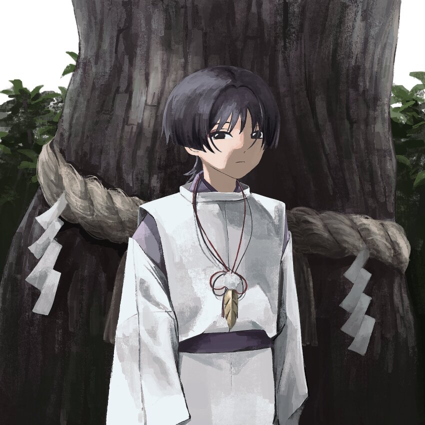 1boy arms_at_sides black_eyes black_hair bush closed_mouth clothing_cutout expressionless eyeliner eyeshadow feathers genshin_impact grey_sky highres japanese_clothes kariginu kimono layered_sleeves long_sleeves looking_at_viewer makeup male_focus outdoors pom_pom_(clothes) purple_kimono purple_sash purple_sleeves red_eyeliner red_eyeshadow rope sash scaramouche_(genshin_impact) scaramouche_(kabukimono)_(genshin_impact) shimenawa shoulder_cutout sky solo string tree ugokituzukeru upper_body wispy_bangs yellow_feathers