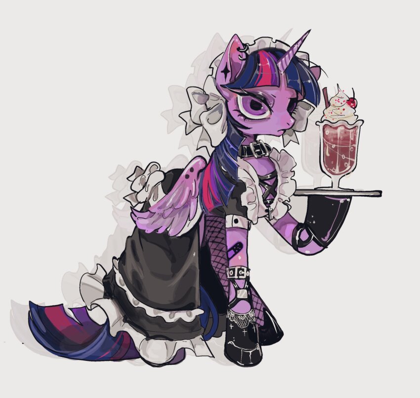 alternate_costume amatou_akuma animal_ear_piercing animal_ear_tattoo animal_focus animal_hands back_bow bandaid bandaid_on_leg belt belt_buckle belt_collar black_belt black_dress black_gloves blue_hair blunt_bangs bow bubble buckle cherry closed_mouth collar colored_skin cross dress drinking_straw earrings enmaided eyelashes eyeshadow feathered_wings food frilled_dress frills frown fruit furrowed_brow gloves goth_fashion grey_background highres holding holding_tray hoop_earrings hooves ice_cream ice_cream_float jewelry lace lace-trimmed_gloves lace_trim leg_belt long_dress long_hair looking_ahead maid makeup multicolored_hair multiple_belts my_little_pony my_little_pony:_friendship_is_magic no_humans nostrils pink_hair purple_eyes purple_eyeshadow purple_skin shadow simple_background snout soda solo sprinkles streaked_hair too_many too_many_belts tray twilight_sparkle winged_unicorn wings