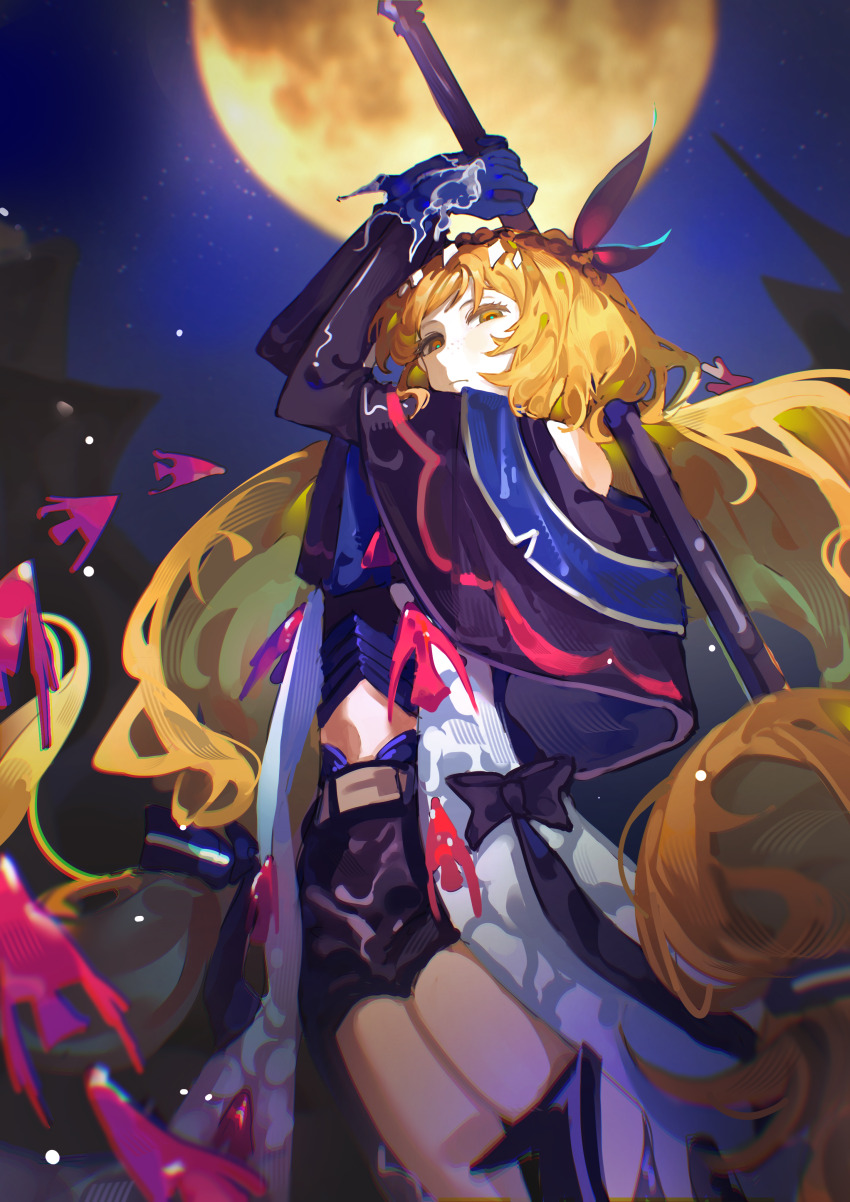 1girl absurdres arknights arms_up black_bow black_capelet black_ribbon blue_gloves bow capelet closed_mouth e.g.o_(project_moon) full_moon gloves highres holding holding_weapon ishmael_(project_moon) kirisilence limbus_company liquid_clothes long_hair looking_at_viewer moon orange_eyes orange_hair project_moon ribbon sidelocks solo tidal_elegy_(e.g.o) very_long_hair weapon