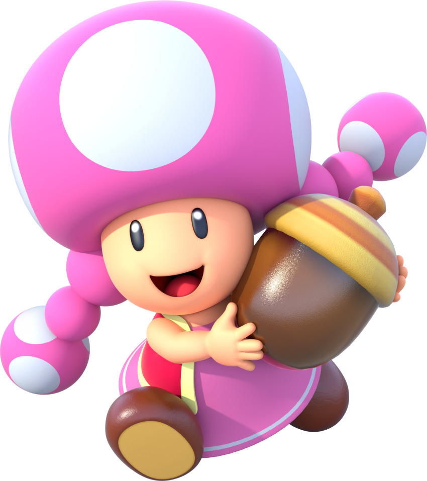 1girl 3d acorn black_eyes blank_eyes brown_footwear dress full_body happy highres holding holding_acorn looking_at_viewer mario_(series) mario_party mario_party:_star_rush nintendo official_art open_clothes open_mouth open_vest pink_dress red_vest simple_background sleeveless sleeveless_dress solo toadette transparent_background vest