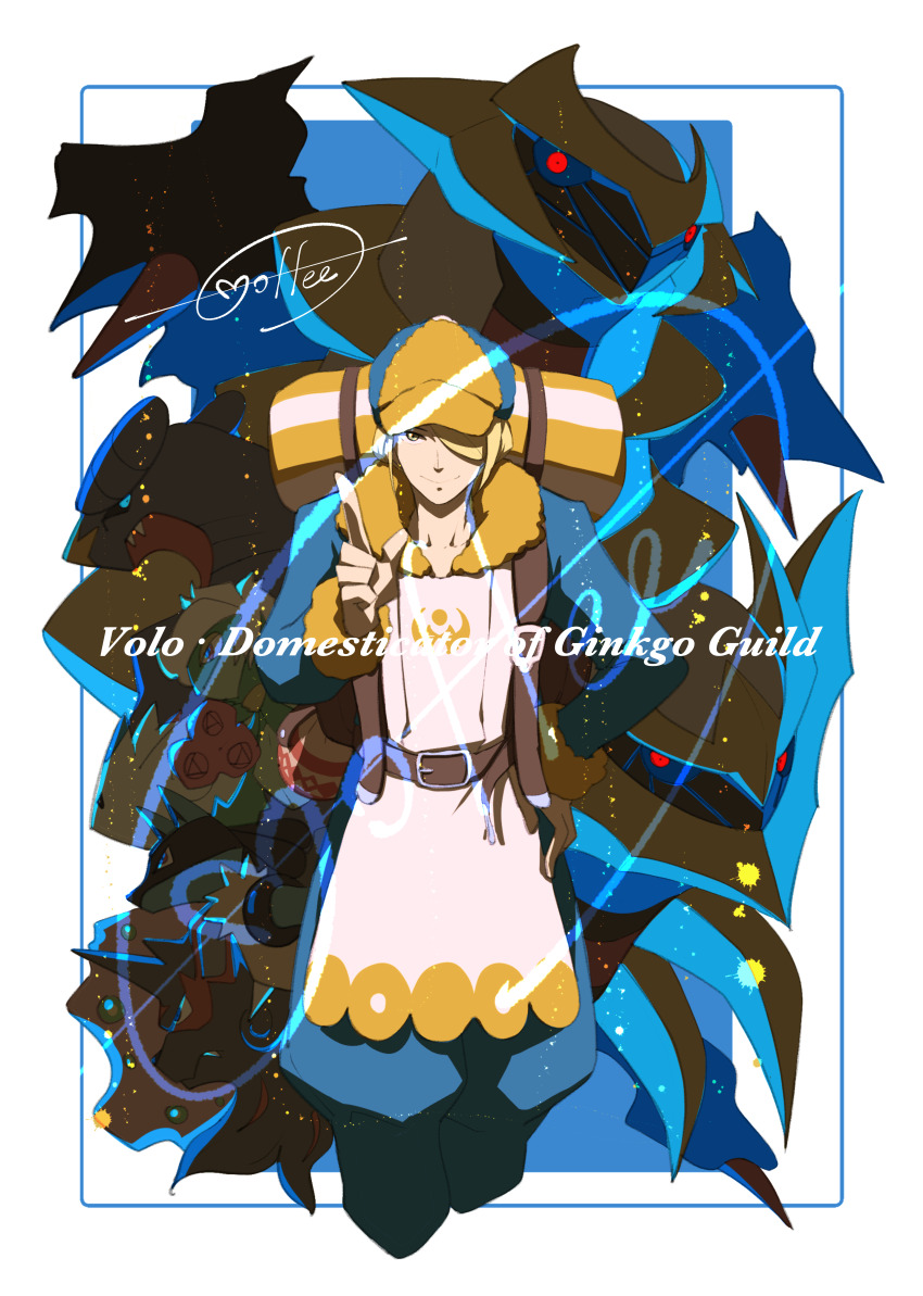 1boy absurdres backpack bag belt blonde_hair blue_jumpsuit border brown_bag brown_belt cccacademia character_name closed_mouth garchomp gen_4_pokemon giratina giratina_(altered) giratina_(origin) hair_over_one_eye hand_up hat highres hisuian_arcanine index_finger_raised jumpsuit legendary_pokemon long_sleeves lucario male_focus mixed-language_commentary nintendo pokemon pokemon_(creature) pokemon_legends:_arceus roserade short_hair signature smile volo_(pokemon) white_border yellow_hat