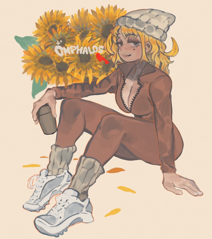 1girl absurdres baroque_(keziedra) beanie blonde_hair bodysuit breasts brown_bodysuit brown_jumpsuit cleavage cup eyelashes flower full_body half-closed_eyes hat highres holding holding_cup jumpsuit keziedra looking_at_viewer mark_under_both_eyes marking_on_cheek medium_hair mole mole_on_cheek mole_under_each_eye mole_under_eye multiple_moles original partially_unzipped shoes sitting smile sneakers solo sunflower white_hat white_shoes yellow_flower