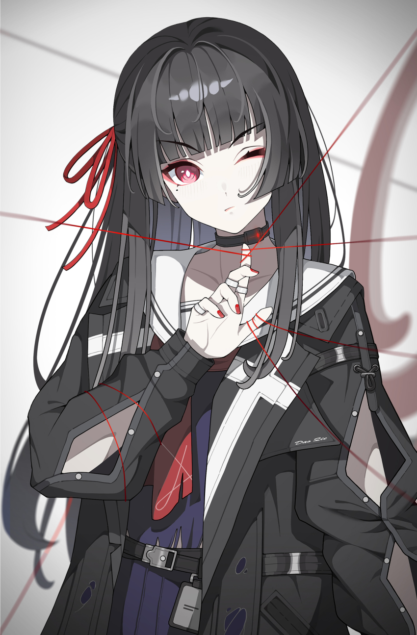 1girl absurdres arm_cutout black_choker black_hair black_jacket black_serafuku blunt_bangs chisa_(wuthering_waves) choker clothing_cutout commentary dao_qie hair_ribbon hand_up highres jacket light_blush long_hair long_sleeves looking_at_viewer mole mole_under_eye muted_color nail_polish neckerchief one_eye_closed red_eyes red_nails red_neckerchief red_ribbon revision ribbon sailor_collar school_uniform serafuku solo string string_of_fate upper_body white_sailor_collar wuthering_waves