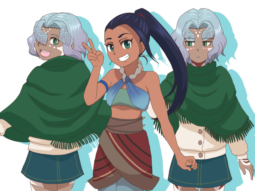 3girls antennae arthropod_girl blue_hair body_markings bones_(company) breasts cat_monster_nora_(g_u0401earth) cosplay costume_switch dark-skinned_female dark_skin facial_tattoo facial_mark godzilla:_city_on_the_edge_of_battle godzilla:_planet_of_the_monsters godzilla_(series) godzilla_singular_point green_eyes hand_tattoo highres houtua leg_tattoo lina_byrne maina miana midriff monster_girl multiple_girls orange_(company) polygon_pictures poncho ponytail short_hair siblings sisters skirt small_breasts tattoo toho tribal_tattoo twins v