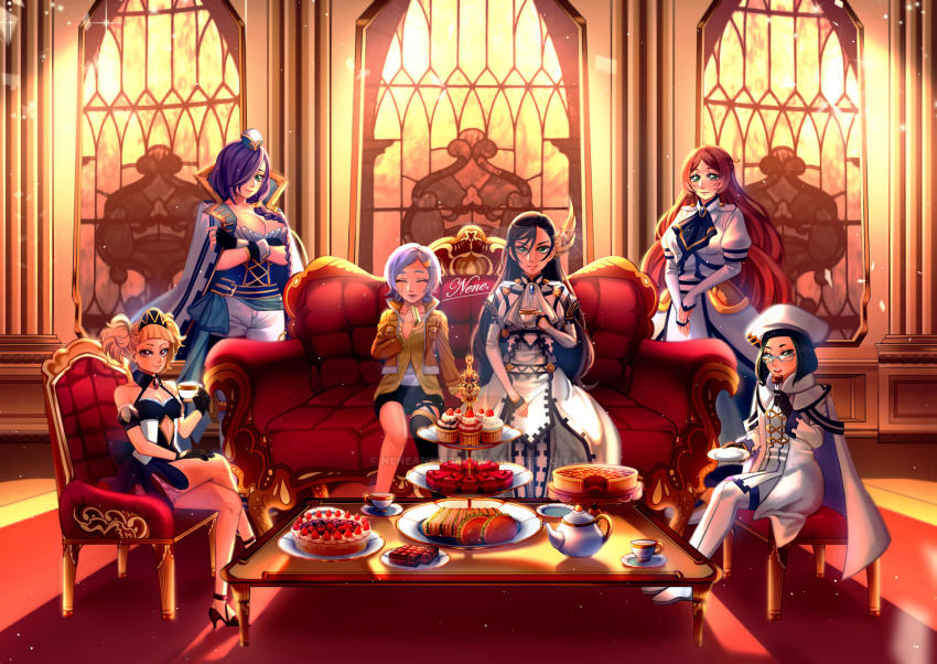 6+girls armchair bare_shoulders black_hair blonde_hair blue_hair breasts brunhilde_(shuumatsu_no_valkyrie) cake chair couch cup cupcake eating food geir_(shuumatsu_no_valkyrie) glasses green_eyes hat highres hlokk_(shuumatsu_no_valkyrie) hrist_(shuumatsu_no_valkyrie) large_breasts long_hair looking_at_viewer medium_breasts multiple_girls no orange_hair pie plate rangdriz_(shuumatsu_no_valkyrie) red_eyes red_hair reginleif_(shuumatsu_no_valkyrie) sandwich short_hair shuumatsu_no_valkyrie sitting small_breasts standing sweets teacup teapot valkyrie valkyrie) very_long_hair victorian