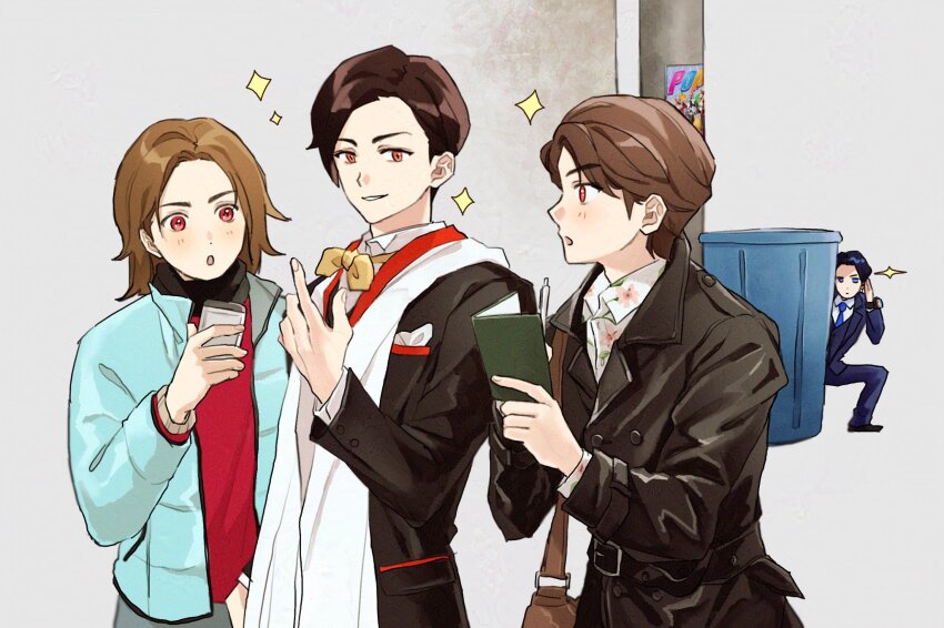 4boys bakuage_sentai_boonboomger black_hair blue_eyes blue_jacket blue_necktie boonboom_changer bow bowtie brown_hair collared_shirt highres jacket kamen_rider kamen_rider_gavv_(series) kamen_rider_geats_(series) kamen_rider_ryuki_(series) karakida_hanto kido_shinji long_sleeves meita_ishiro multiple_boys necktie open_mouth oresanjyo pen red_eyes red_shirt shirt short_hair simple_background super_sentai ukiyo_ace white_background white_shirt yellow_bow yellow_bowtie