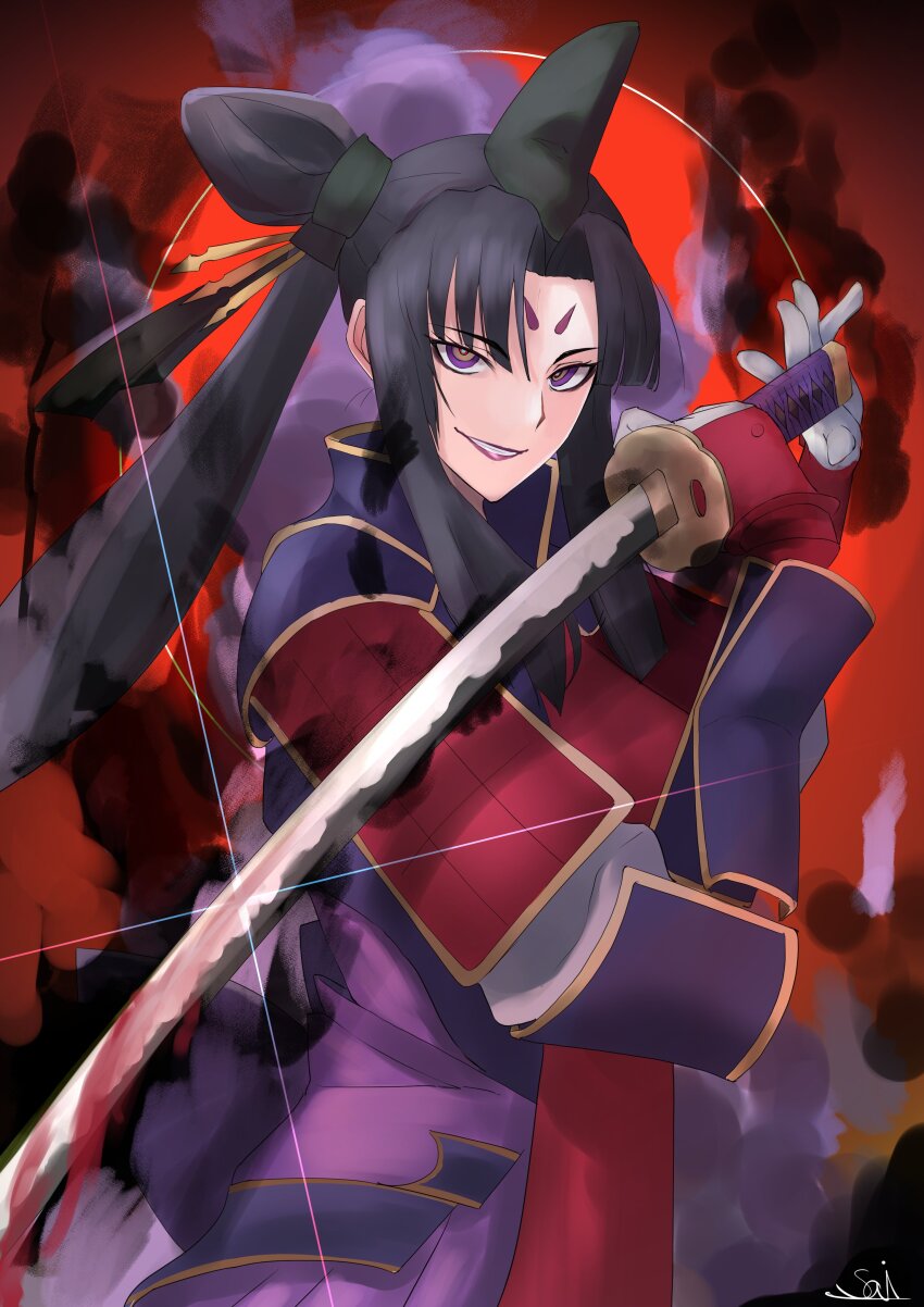 1girl absurdres armor black_hair black_hat breasts fate/grand_order fate_(series) grin hair_bun hat highres japanese_armor katana long_hair long_sleeves looking_at_viewer medium_breasts multicolored_eyes orange_eyes parted_bangs pelvic_curtain purple_eyes purple_lips s4ika sash side_ponytail sidelocks single_side_bun smile solo sword taira_no_kagekiyo_(fate) taira_no_kagekiyo_(first_ascension)_(fate) ushiwakamaru_(fate) very_long_hair weapon