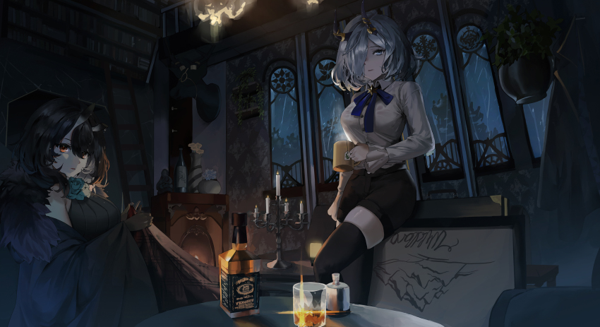 2girls absurdres alchemy_stars alcohol black_hair black_legwear black_shorts blue_eyes blue_flower blue_ribbon blue_rose bottle broken_horn brown_gloves candle candlestand charo_(morphodrake) closed_mouth collared_shirt commentary_request cup deer_head drinking_glass flower fur_collar glint gloves hair_between_eyes hair_over_one_eye hanging_plant highres holding holding_cup horn_ornament horns indoors jane_(alchemy_stars) ladder light looking_at_viewer multiple_girls neck_ribbon off_shoulder orange_eyes painting_(object) plant potted_plant rain ribbon rose sariel_(alchemy_stars) shirt short_hair shorts silver_hair thighhighs wet wet_hair whiskey white_shirt window wine_bottle