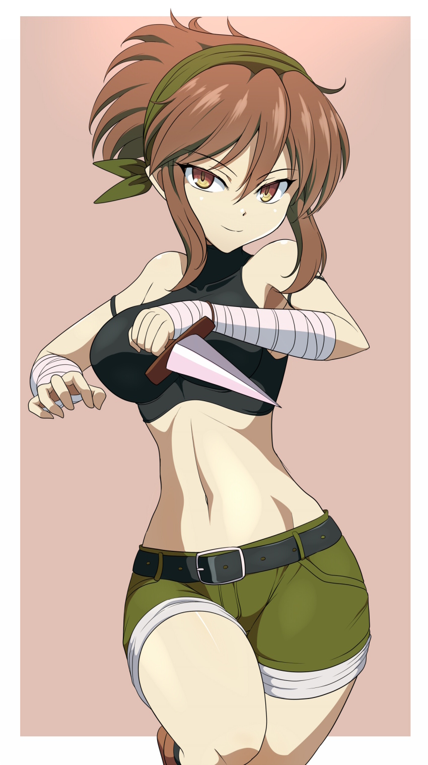 1girl absurdres bandaged_wrist bandages bandit_(tales_of_destiny_2) belt black_belt black_sports_bra breasts brown_background brown_eyes brown_hair clam_curry closed_mouth commentary_request dagger feet_out_of_frame green_hairband green_shorts hairband highres holding holding_dagger holding_knife holding_weapon knife medium_breasts midriff navel paid_reward_available reverse_grip short_hair shorts sidelocks simple_background smile solo sports_bra tales_of_(series) tales_of_destiny tales_of_destiny_2 two-tone_background weapon white_background