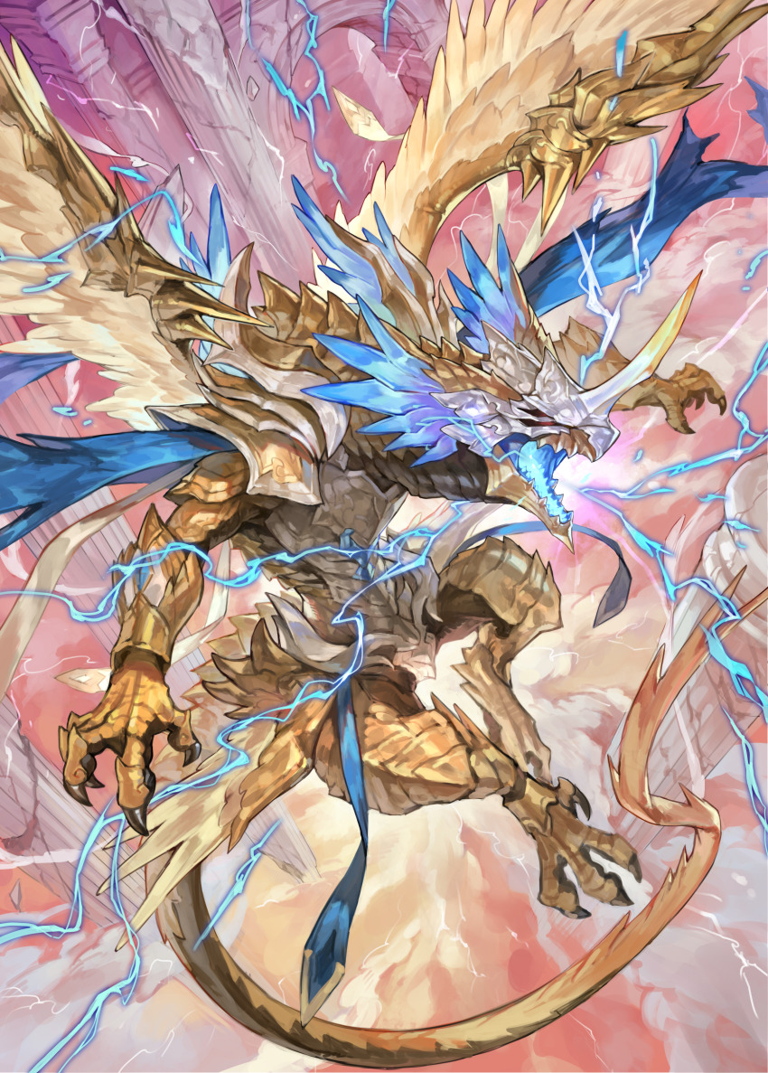 absurdres animal_focus armor breastplate broken_pillar claws column crack electricity fake_horns feathered_wings from_above helmet highres horned_helmet horns midair monster multiple_wings no_humans open_mouth original outdoors pauldrons pillar scales shoulder_armor solo tail tapioka_chaso vambraces wing_armor wings