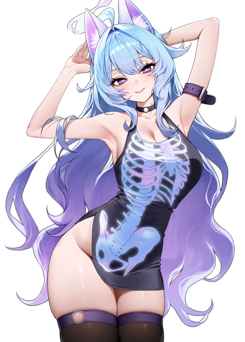 1girl absurdres ahoge animal_ear_fluff animal_ears arm_belt armpits arms_behind_head belt black_belt black_choker black_dress black_socks blue_hair breasts bright_pupils cat_ears cat_girl chano39 choker cleavage closed_mouth dress eyelashes gradient_hair highres indie_virtual_youtuber long_hair multicolored_hair o-ring purple_eyes purple_hair skeleton_print smile socks solo standing thighhighs virtual_youtuber white_pupils yuni_nya