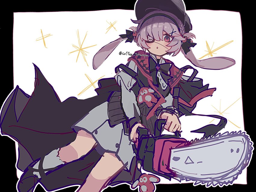 1girl :o animal_ears arknights black_border black_hairband black_hat black_shoes black_vest blush border braid chainsaw coffee_toranpu commentary_request dress eyepatch grey_dress grey_hair grey_socks hair_between_eyes hair_ornament hairband hat highres holding holding_chainsaw long_sleeves looking_at_viewer parted_lips popukar_(arknights) puffy_long_sleeves puffy_sleeves rabbit_ears red_eyes shoes sketch socks solo twitter_username vest white_background x_hair_ornament