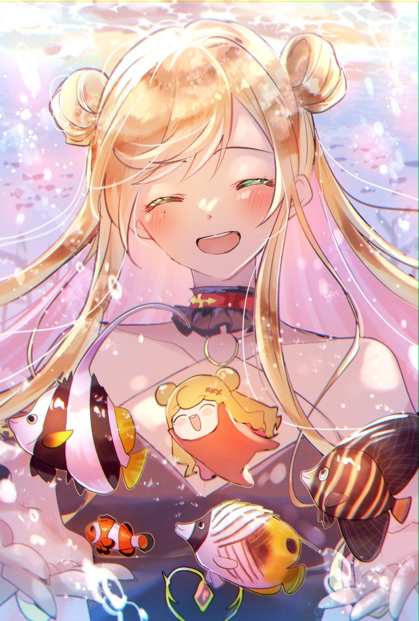 1girl ^_^ black_dress blonde_hair blush chibi choker closed_eyes clownfish collarbone colored_inner_hair double_bun dress closed_eyes fish hair_bun halter_dress halterneck head_tilt highres looking_at_viewer miicuro_o mole mole_under_eye multicolored_hair nijisanji nijisanji_kr open_mouth pink_hair portrait red_choker seffyna smile solo_focus underwater virtual_youtuber