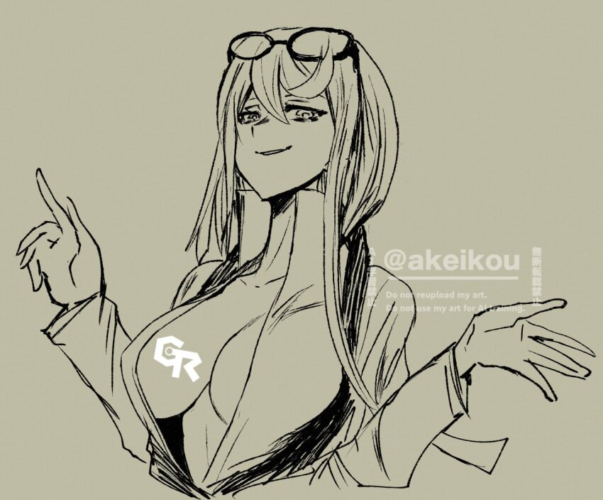 1girl akeikou artist_logo artist_name breasts digimon digimon_story:_cyber_sleuth female_focus glasses_on_head kuremi_kyouko large_breasts logo looking_at_viewer simple_background upper_body