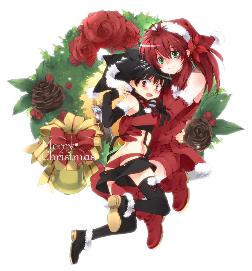 2boys androgynous animal_ears antlers bell black_hair black_legwear blush bow butt_crack christmas crossdressing flower fox fox_ears green_eyes hiei highres holly horns hug kurama_(yu_yu_hakusho) long_hair male_focus multiple_boys open_mouth red_eyes red_hair rose santa_costume short_hair silver_hair smile spiked_hair suspenders thighhighs toujou_sakana trap wardrobe_malfunction wreath yaoi youko_kurama yuu_yuu_hakusho
