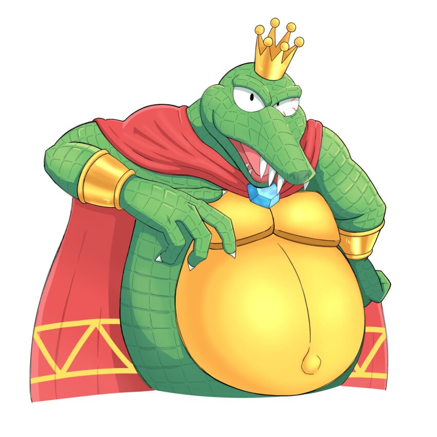 1boy cape colored_skin crown donkey_kong_(series) furry furry_male green_skin grey_background highres king_k._rool looking_at_viewer nintendo open_mouth red_cape reptile_boy sharp_teeth simple_background slk123084 solo teeth