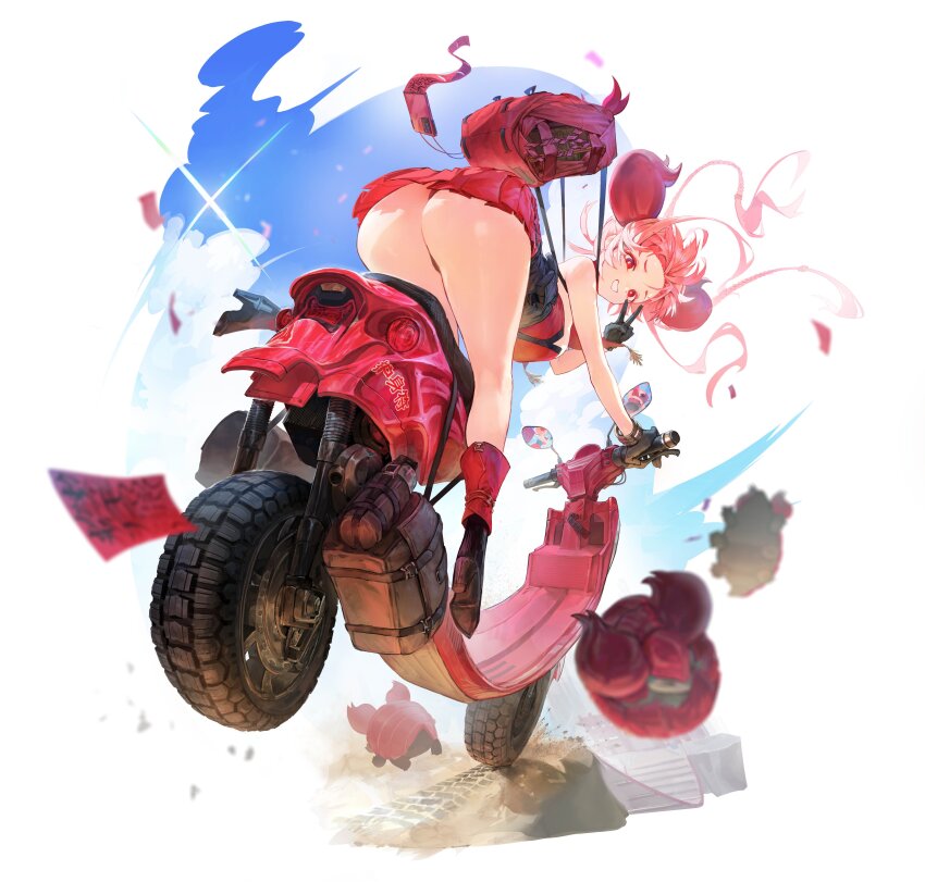 1girl absurdres ass ass_focus backpack bag bent_over black_boots black_gloves boots bracelet braid brown_bag cloud commentary double_bun dress driving eungi floating_hair flying forehead full_body gloves grin hair_bun high_heel_boots high_heels highres jewelry long_hair motor_vehicle on_scooter original pink_eyes pink_hair pouch red_bag red_dress reflection scooter simple_background skid_mark sky smile solo stoppie symbol-only_commentary talisman thermos thighs thong underbust v white_background