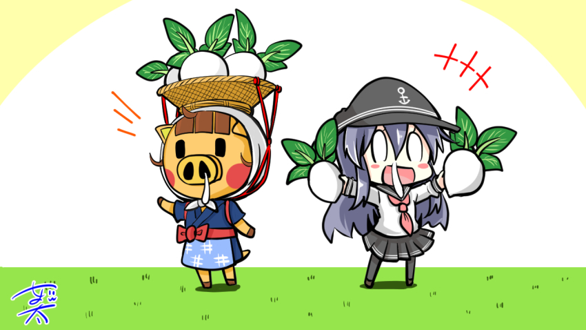 0_0 2girls akatsuki_(kancolle) anchor_symbol animal_crossing animal_ears basket_on_head black_footwear black_hair black_skirt black_thighhighs blush_stickers brown_footwear brown_hair chin_strap commentary daisy_mae_(animal_crossing) flat_cap food food_on_head furry furry_female grass hat headscarf holding holding_food holding_vegetable igeta_(pattern) japanese_clothes kantai_collection kimono long_hair long_sleeves multiple_girls neckerchief nintendo nyonyonba_tarou object_on_head open_mouth pig_ears pig_girl pig_nose pig_tail pleated_skirt red_neckerchief red_sailor_collar sailor_collar school_uniform serafuku shirt short_sleeves signature skirt smile snot snot_trail striped_clothes striped_headwear striped_skirt tail thighhighs turnip vegetable white_shirt white_stripes