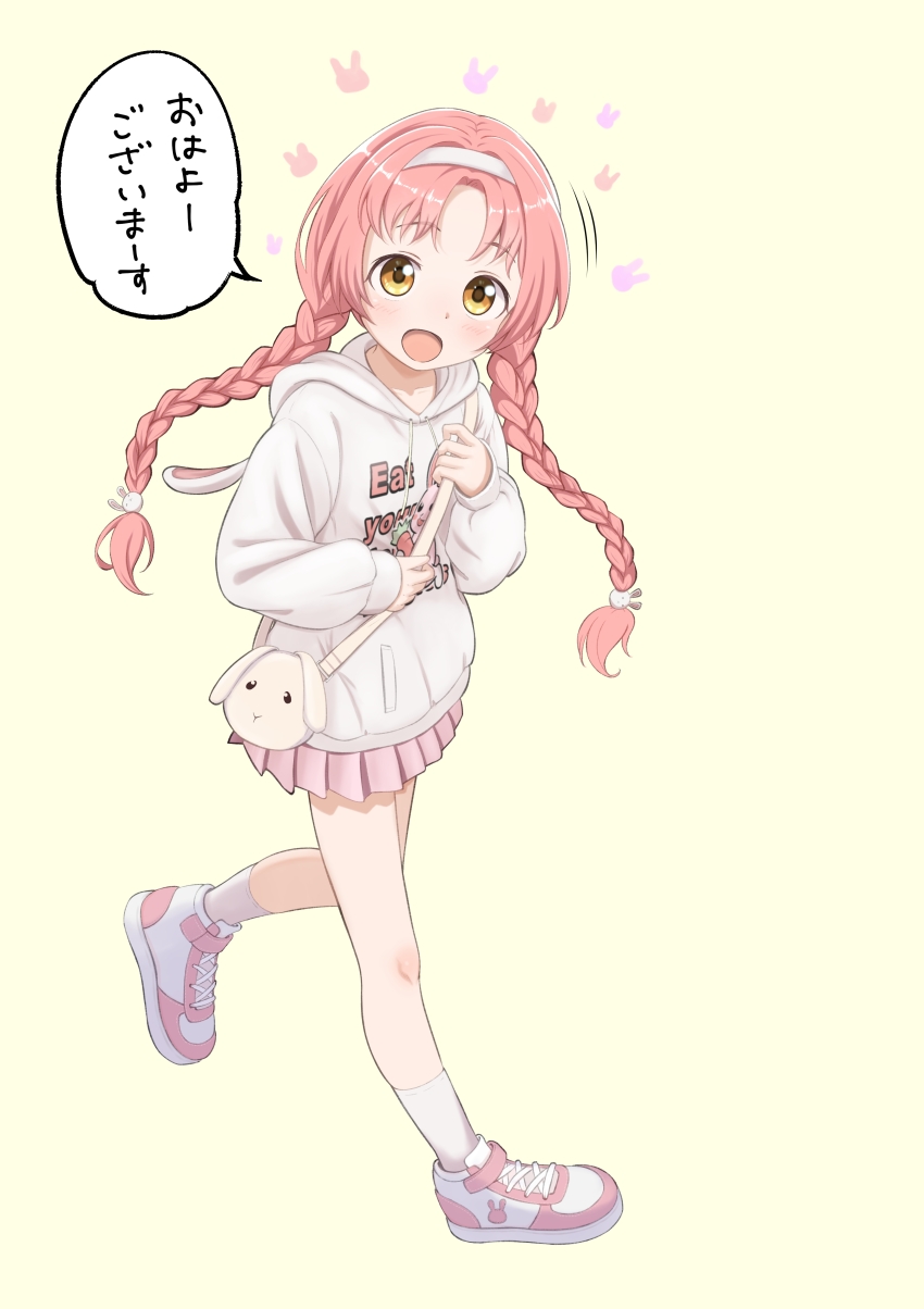 1girl absurdres animal_bag animal_hood bad_source braid full_body grey_hoodie hairband highres hood hood_down hoodie looking_at_viewer mimi_(princess_connect!) multicolored_shoes open_mouth pink_hair pink_skirt pleated_skirt princess_connect! rabbit_bag rabbit_hood shoes skirt socks solo speech_bubble standing standing_on_one_leg tanakaminos translation_request twin_braids two-tone_shoes white_hairband white_shoes white_socks yellow_background yellow_eyes