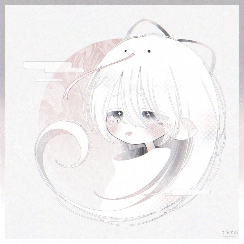 1girl artist_name blush border dot_nose ear_blush eyelashes gradient_border hair_between_eyes hair_ribbon highres long_hair looking_afar monochrome original portrait ribbon scales solo square thk_41