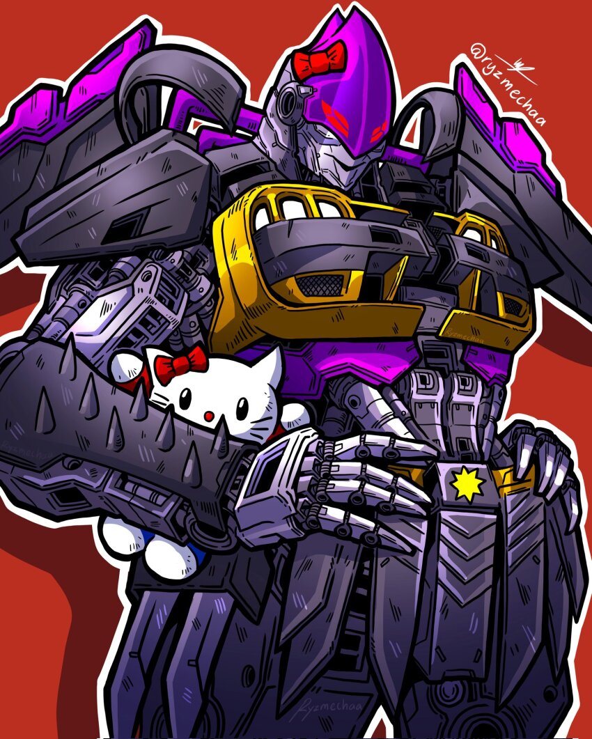 1girl hand_on_own_hip highres humanoid_robot mechanical_wings nightbird_(transformers) nissan_skyline nissan_skyline_r33 piston purple_mask red_eyes red_ribbon ribbon robot robot_girl ryzmechaa solo stuffed_animal stuffed_toy transformers transformers:_rise_of_the_beasts transformers_(live_action) wings