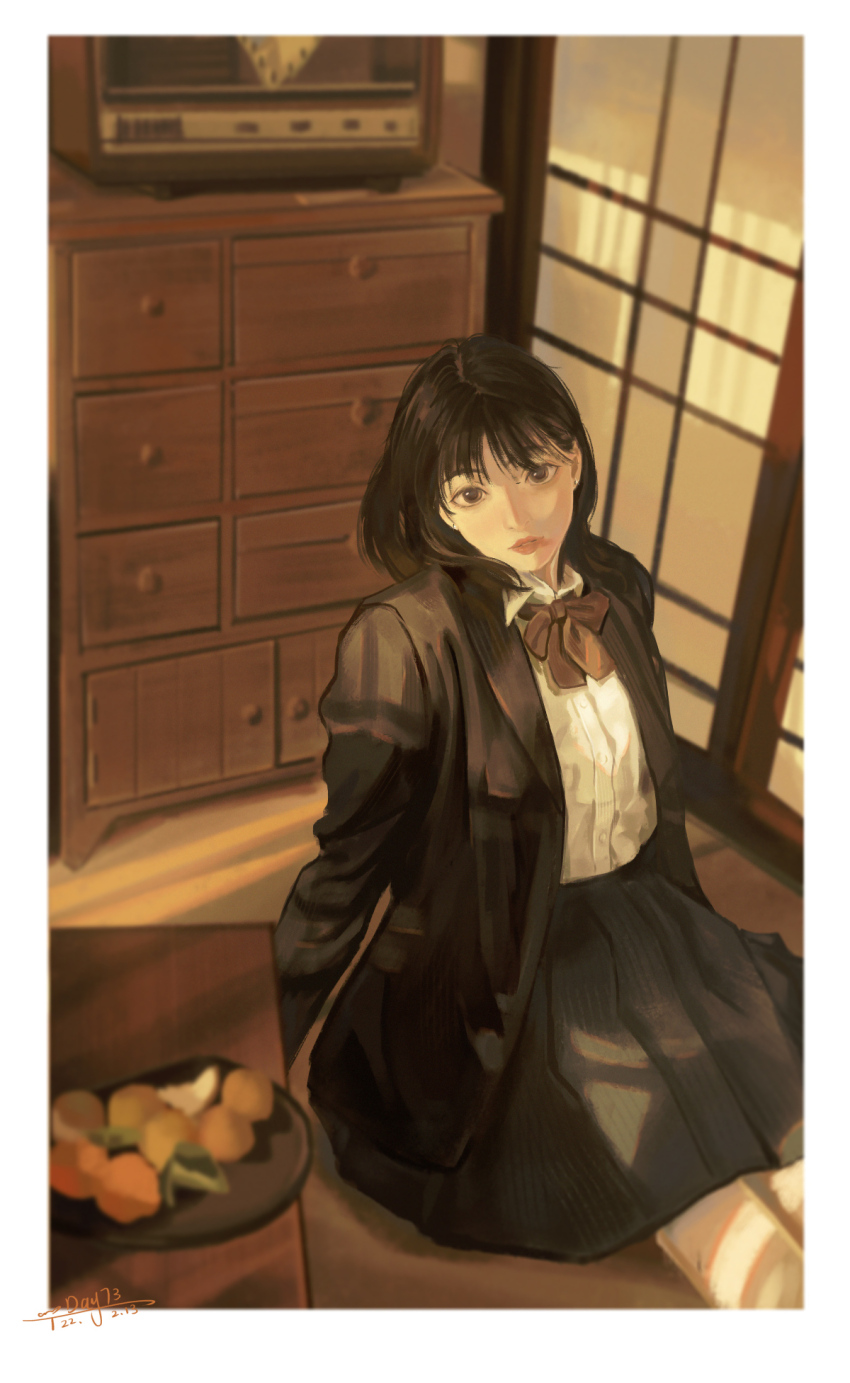 1girl black_eyes black_hair black_jacket blue_skirt border bow bowtie chinese_commentary closed_mouth collared_shirt commentary_request cowboy_shot dated desk expressionless food fruit high-waist_skirt highres indoors jacket looking_at_viewer mandarin_orange medium_hair miniskirt one-hour_drawing_challenge open_clothes open_jacket orange_peel original plate pleated_skirt red_bow red_bowtie red_lips sanshui_guantang school_uniform shirt shouji signature sitting skirt sliding_doors solo table tatami television white_border white_shirt