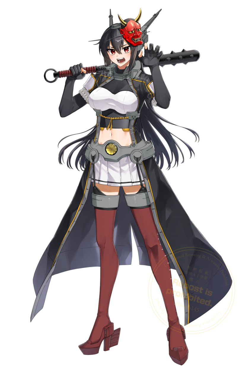 1girl black_coat black_gloves black_hair breasts club club_(weapon) coat curled_fingers elbow_gloves full_body gloves hair_between_eyes headgear highres kanabou kantai_collection large_breasts long_coat long_hair looking_at_viewer machi_(ritovoyage) mask metal_belt miniskirt nagato_(kancolle) nagato_kai_ni_(kancolle) oni_mask open_mouth partially_fingerless_gloves pleated_skirt red_eyes red_thighhighs rudder_footwear setsubun skirt solo teeth thighhighs upper_teeth_only weapon white_skirt
