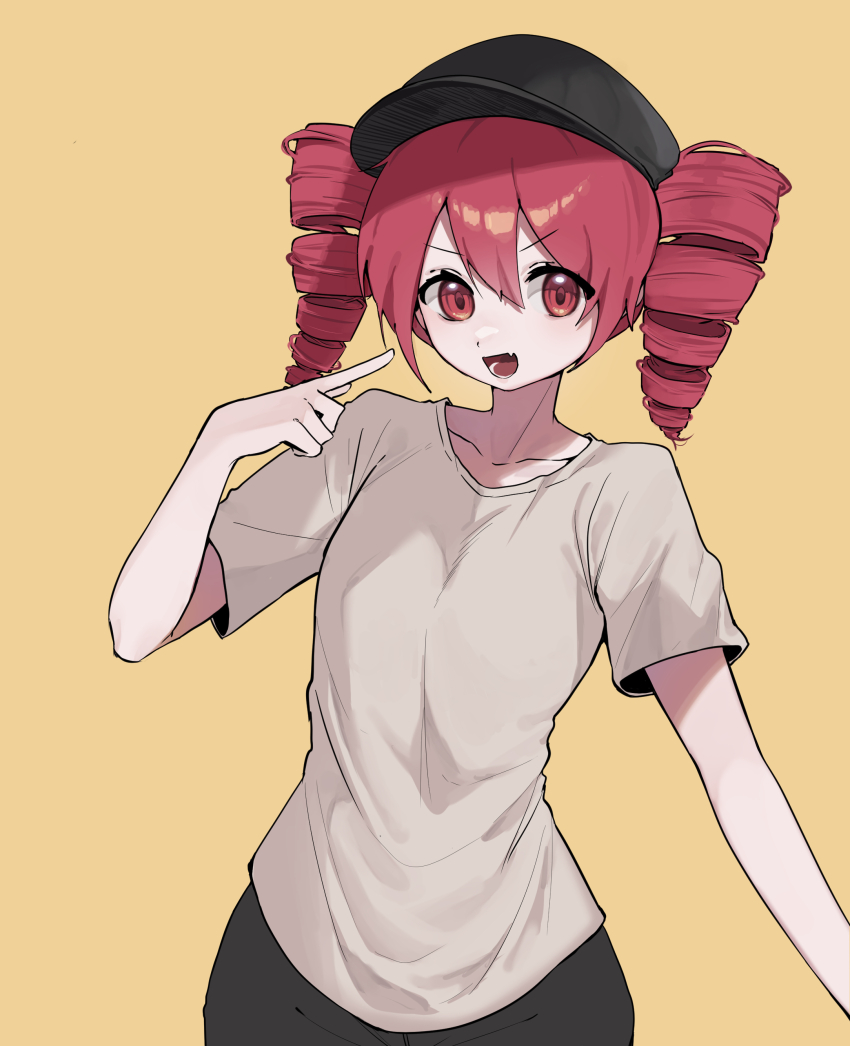 1girl absurdres alternate_costume baseball_cap black_hat black_pants brown_background brown_shirt casual collarbone double-parted_bangs drill_hair fang hair_between_eyes hat highres kasane_teto looking_at_viewer open_mouth pants pointing pointing_at_self red_eyes red_hair shirt short_sleeves sima.ani simple_background skin_fang smile solo twin_drills upper_body utau v-shaped_eyebrows