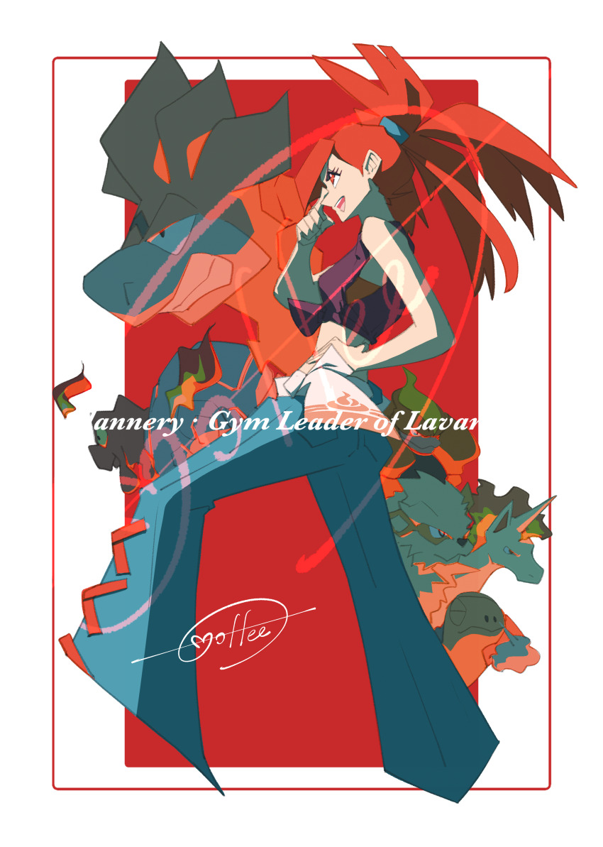 1girl :d absurdres arcanine belt border camerupt cccacademia commentary_request eyelashes flannery_(pokemon) gen_1_pokemon gen_2_pokemon gen_3_pokemon gen_4_pokemon hand_on_own_hip hand_up highres long_hair magcargo magmortar mega_camerupt mega_pokemon nintendo open_mouth pants pokemon pokemon_(creature) pokemon_oras ponytail rapidash red_background red_eyes red_hair shirt signature smile teeth tied_shirt torkoal upper_teeth_only white_belt white_border