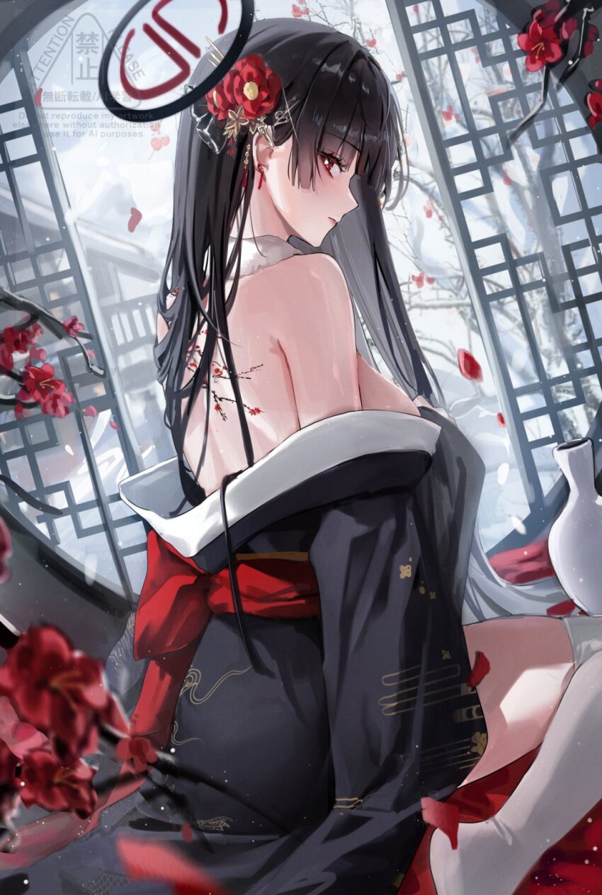 1girl back_tattoo bare_shoulders black_hair blue_archive blush breasts ear_ornament flower hair_flower hair_ornament highres japanese_clothes large_breasts long_hair looking_at_viewer looking_to_the_side off_shoulder plant_tattoo red_eyes red_flower rio_(blue_archive) sitting snow snowing solo tattoo thighhighs thighs tree vase very_long_hair white_thighhighs winter yam_s2