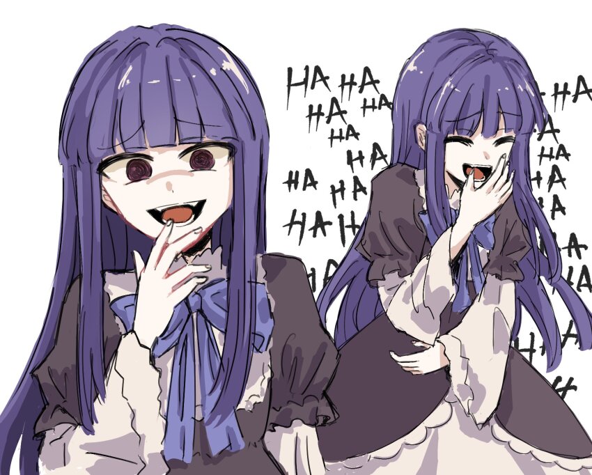 1girl ^_^ arm_up black_dress blue_bow blue_bowtie blue_hair blunt_bangs bow bowtie closed_eyes commentary dress english_commentary frederica_bernkastel highres laughing long_hair looking_at_viewer multiple_views open_mouth red_eyes rskrkr simple_background smug standing teeth umineko_no_naku_koro_ni white_background