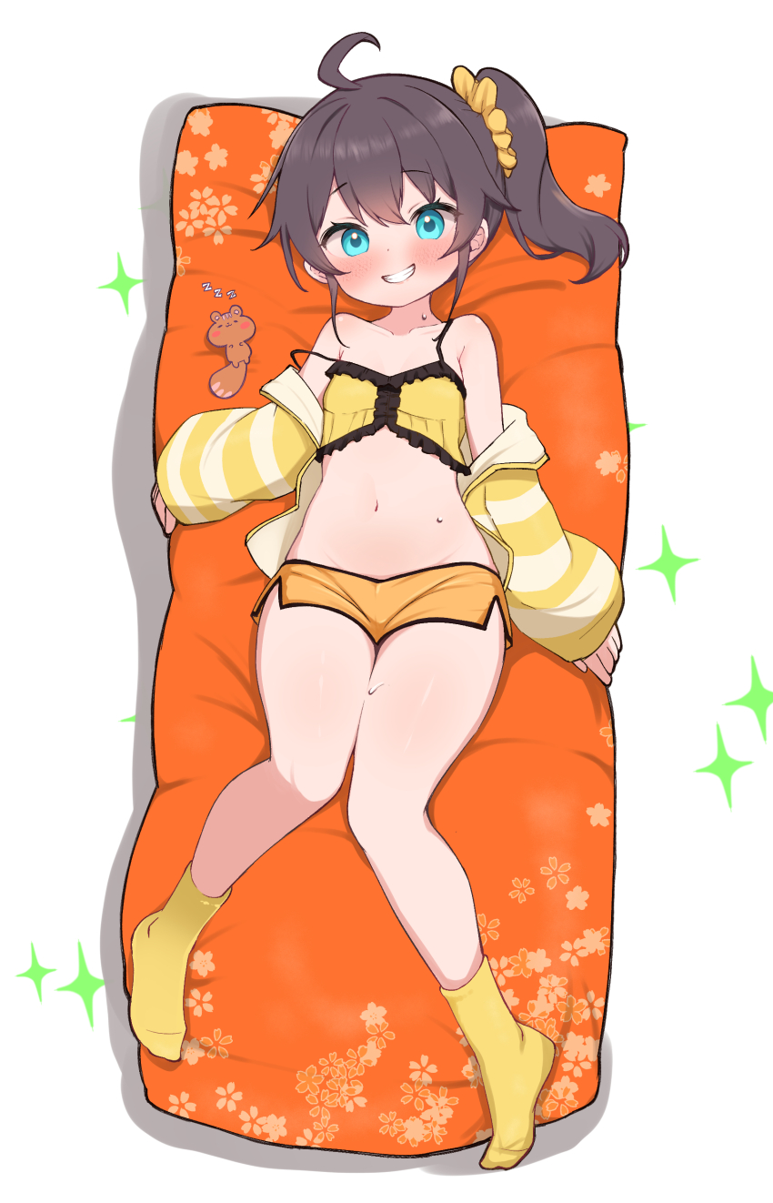 1girl absurdres ahoge aqua_eyes bare_shoulders breasts brown_hair collarbone crop_top dolphin_shorts grin hair_ornament hair_scrunchie highres hololive jacket kani_bonara looking_at_viewer matsurisu medium_hair midriff natsuiro_matsuri natsuiro_matsuri_(matsuri&#039;s_day_off) navel off_shoulder pillow scrunchie short_shorts shorts side_ponytail small_breasts smile socks solo strap_slip sweat virtual_youtuber