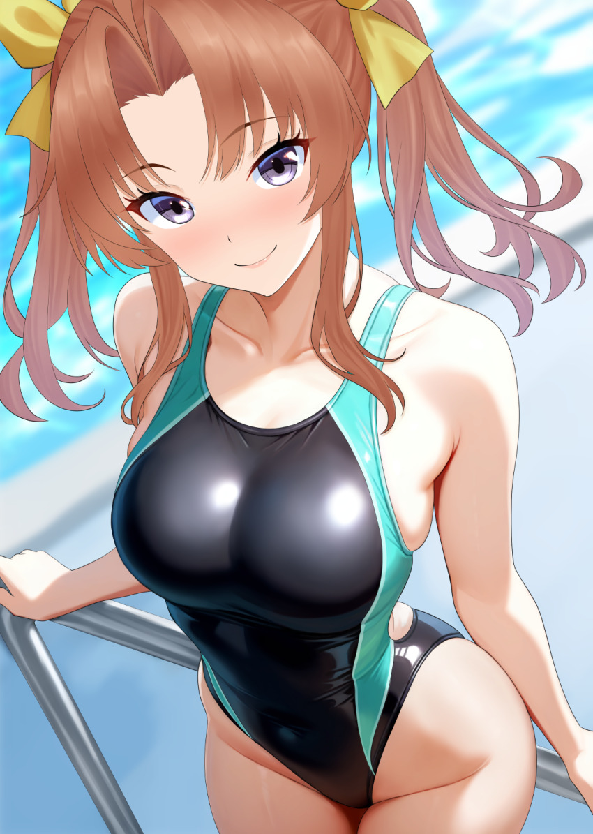 1girl black_one-piece_swimsuit breasts brown_hair collarbone commentary_request competition_swimsuit cowboy_shot dorachan_r grey_eyes highleg highleg_one-piece_swimsuit highres kagerou_(kancolle) kantai_collection long_hair medium_breasts one-piece_swimsuit pool_ladder ribbon smile solo swimsuit twintails water yellow_ribbon