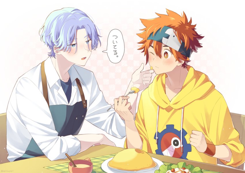 2boys blue_eyes blue_hair closed_eyes food hair_between_eyes hasegawa_langa headband highres hood hoodie kyan_reki long_sleeves male_focus multiple_boys omelet omurice one_eye_closed open_mouth orange_eyes orange_hair overflowing red_hair salad shirt short_hair sk8_the_infinity table uppi white_shirt yellow_hoodie