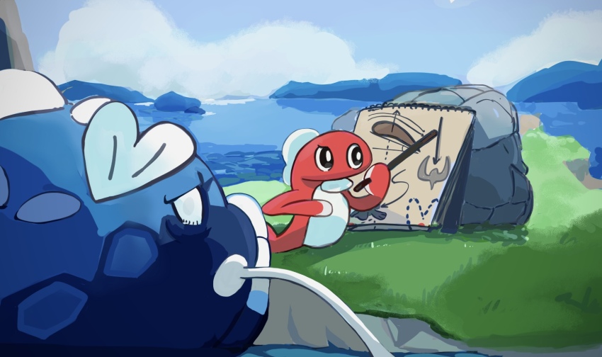 black_eyes bright_pupils commentary_request day dondozo grass highres nintendo no_humans outdoors pokemon pokemon_(creature) sketchbook sky tatsugiri water white_pupils zucky_(yuni)