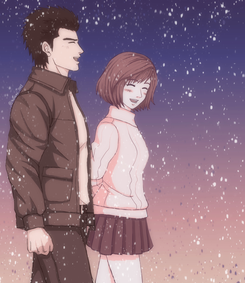 1boy 1girl absurdres arms_behind_back bandages belt belt_buckle black_hair blush brown_hair brown_jacket buckle clenched_hand closed_eyes denim harasaki_nozomi hazuki_ryou highres jacket jeans laughing leather leather_jacket medium_hair monami_1999 multicolored_background open_mouth pants red_skirt shenmue shenmue_the_animation shirt signature simple_background sketch skirt snowing spiked_hair sweater thighs turtleneck turtleneck_sweater walking white_shirt white_sweater