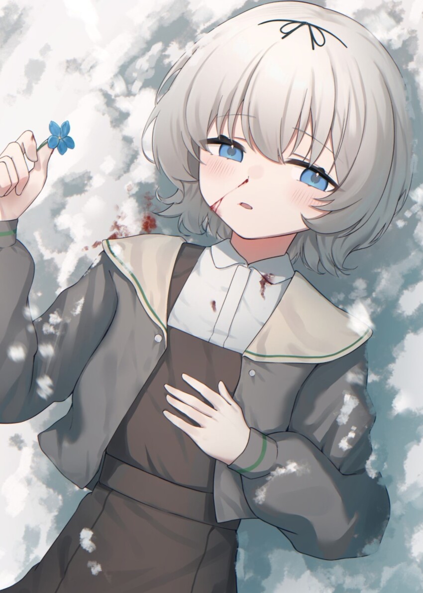 1girl blood blue_eyes blue_flower brown_dress ciza_gomi collared_shirt day dress flower grey_jacket hair_ribbon hanamura_hinako highres holding holding_flower jacket kitanai_kimi_ga_ichiban_kawaii looking_at_viewer lying nosebleed on_back on_ground outdoors pinafore_dress ribbon shirt short_hair sleeveless sleeveless_dress snow solo white_hair white_shirt