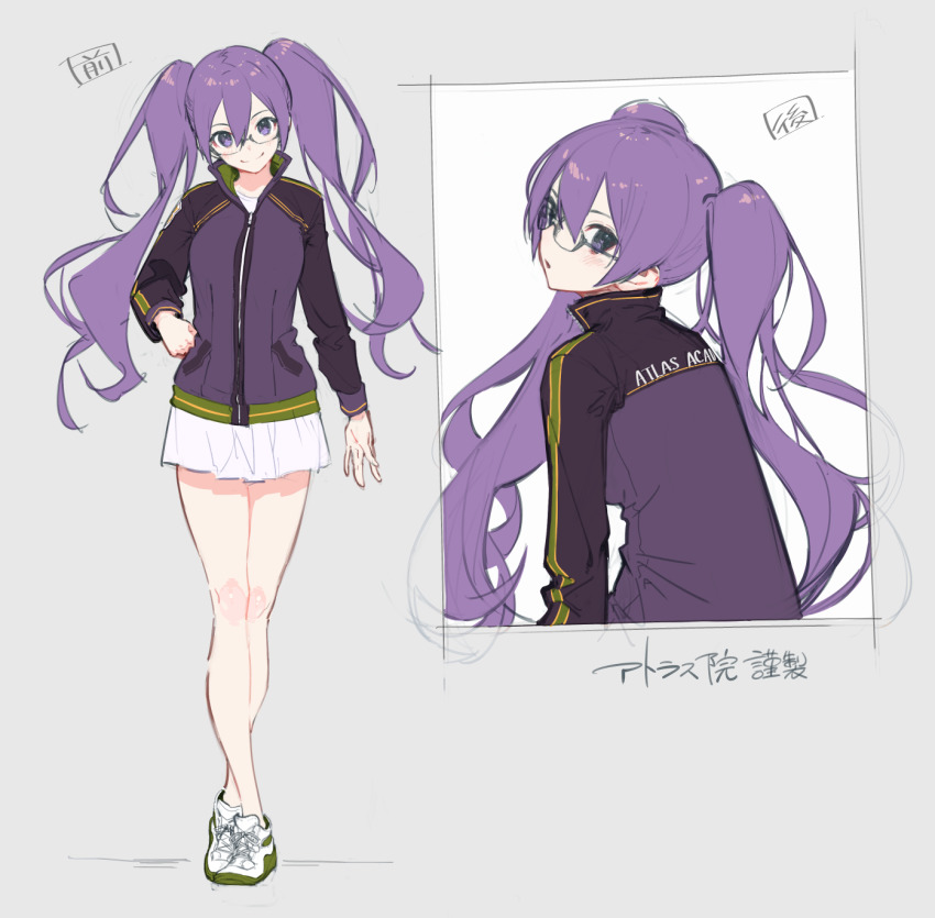 1girl black-framed_eyewear card_(medium) closed_mouth commentary_request cowboy_shot craft_essence_(fate) dumbbell english_text fate/grand_order fate_(series) glasses gym hand_on_own_hip highres holding holding_pen jacket kodama_(wa-ka-me) long_hair long_sleeves looking_at_viewer melty_blood miniskirt official_art paper pen pleated_skirt purple_eyes purple_hair purple_jacket sidelocks sion_eltnam_(type-moon) sion_eltnam_sokaris sion_eltnam_sokaris_(personal_coaching) skirt smile solo standing track_jacket treadmill tsukihime twintails watermark white_skirt