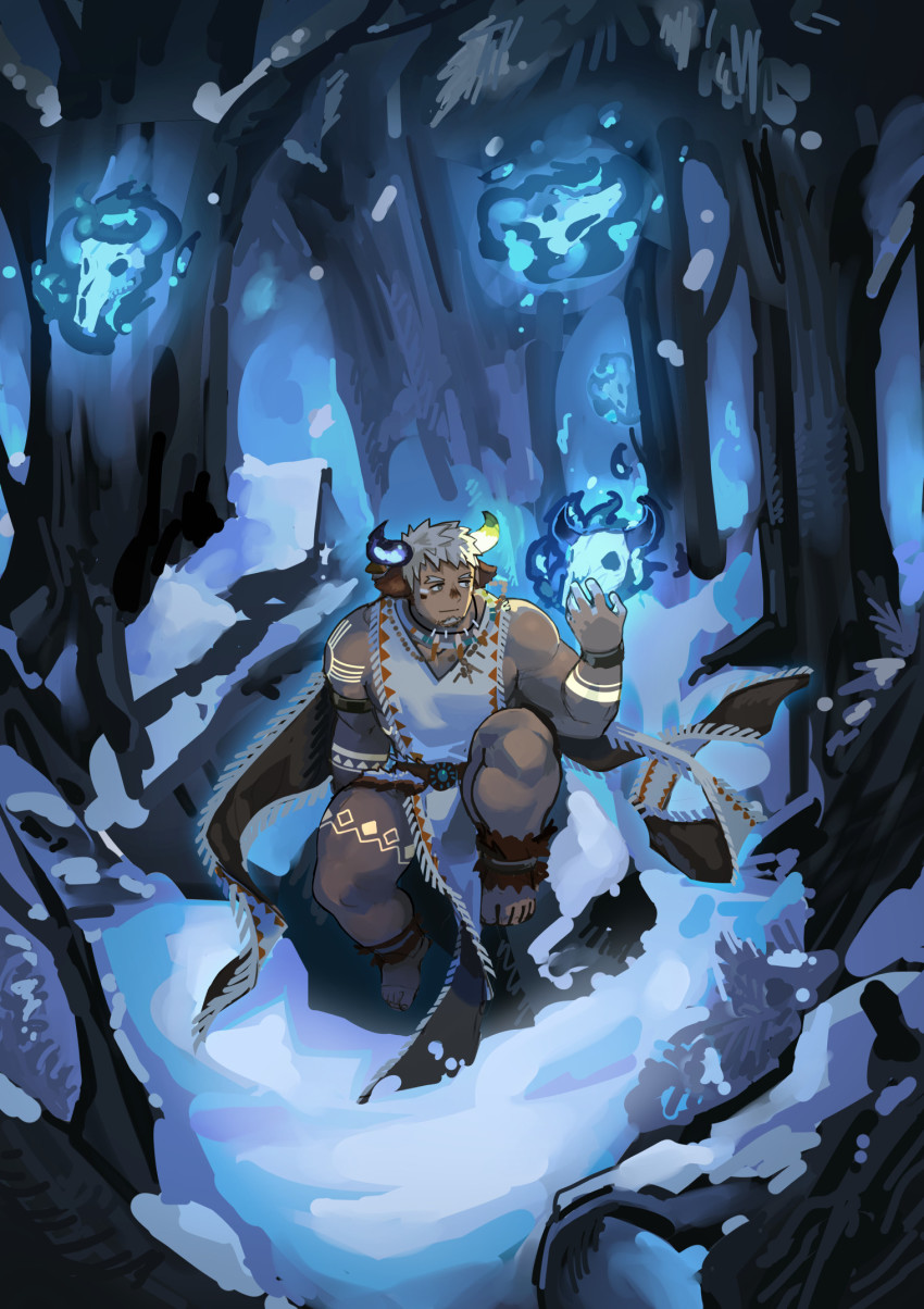 1boy animal_ears animal_skull asymmetrical_horns bara belt blue_fire commentary cow_boy cow_ears cow_horns cow_skull dark-skinned_male dark_skin eye_black facial_hair feather_necklace fiery_horns fire forest forked_eyebrows full_body glowing_horns glowing_tattoo goatee highres horns jewelry large_pectorals male_focus mismatched_horns muscular muscular_male nature necklace pectorals pelvic_curtain short_hair skull smile snow solo spiked_hair thick_eyebrows tokyo_houkago_summoners wakan_tanka wakan_tanka_mugen white_hair zoyu_(wuedti)