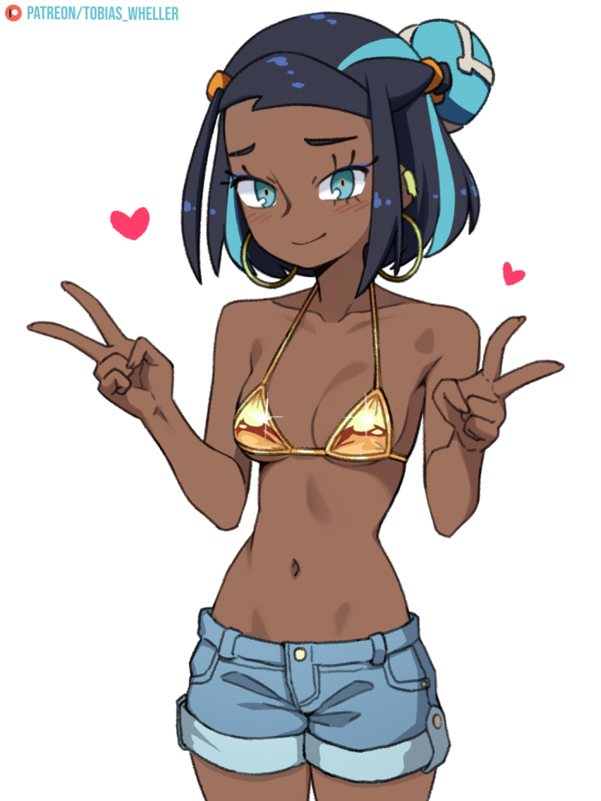 1girl aged_down alternate_hair_length alternate_hairstyle bare_arms bare_shoulders bikini bikini_top_only black_hair blue_eyes blue_hair blue_shorts breasts commentary cowboy_shot dark-skinned_female dark_skin double_v earclip earrings english_commentary glint gold_bikini heart highres hoop_earrings jewelry looking_at_viewer medium_breasts multicolored_hair navel nessa_(pokemon) nintendo no_shirt paid_reward_available petite pokemon pokemon_swsh short_shorts shorts simple_background smile solo stomach streaked_hair swimsuit tobias_wheller two-tone_hair v white_background