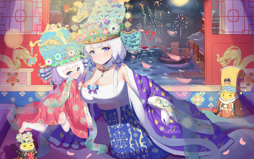 &gt;_&lt; 2girls absurdres aerial_fireworks alternate_costume architecture azur_lane balabulun bare_shoulders blue_dress blue_eyes blue_gemstone blush breasts dragon dragon_ornament dragon_print dress east_asian_architecture eastern_dragon fireworks from_behind gem gloves green_gemstone headwear_request highres illustrious_(azur_lane) indoors large_breasts little_illustrious_(azur_lane) long_hair long_sleeves looking_at_viewer manjuu_(azur_lane) moon mother_and_daughter multiple_girls night purple_gemstone red_gemstone sliding_doors water white_gloves white_hair wide_sleeves