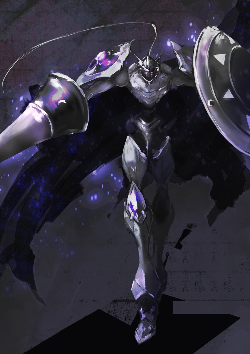 absurdres armor cape chaosdukemon dark_knight digimon digimon_(creature) dukemon full_armor glowing grey_armor helmet highres holding holding_shield knight lance name_e04 plate_armor plume polearm purple_armor purple_cape shield shoulder_armor shoulder_pads visor_(armor) walking weapon