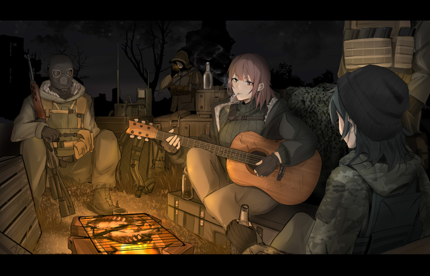 1girl 4others acoustic_guitar beanie bottle brown_hair camouflage_netting campfire cooking drinking fingerless_gloves fish_(food) fur-trimmed_jacket fur_trim gas_mask gloves guitar gun hat highres holding holding_weapon hood instrument iubworks jacket load_bearing_vest mask military_combat_uniform military_uniform mouth_hold multiple_others music night open_clothes open_jacket original playing_instrument radio ribbed_sweater sitting smoking sweater weapon