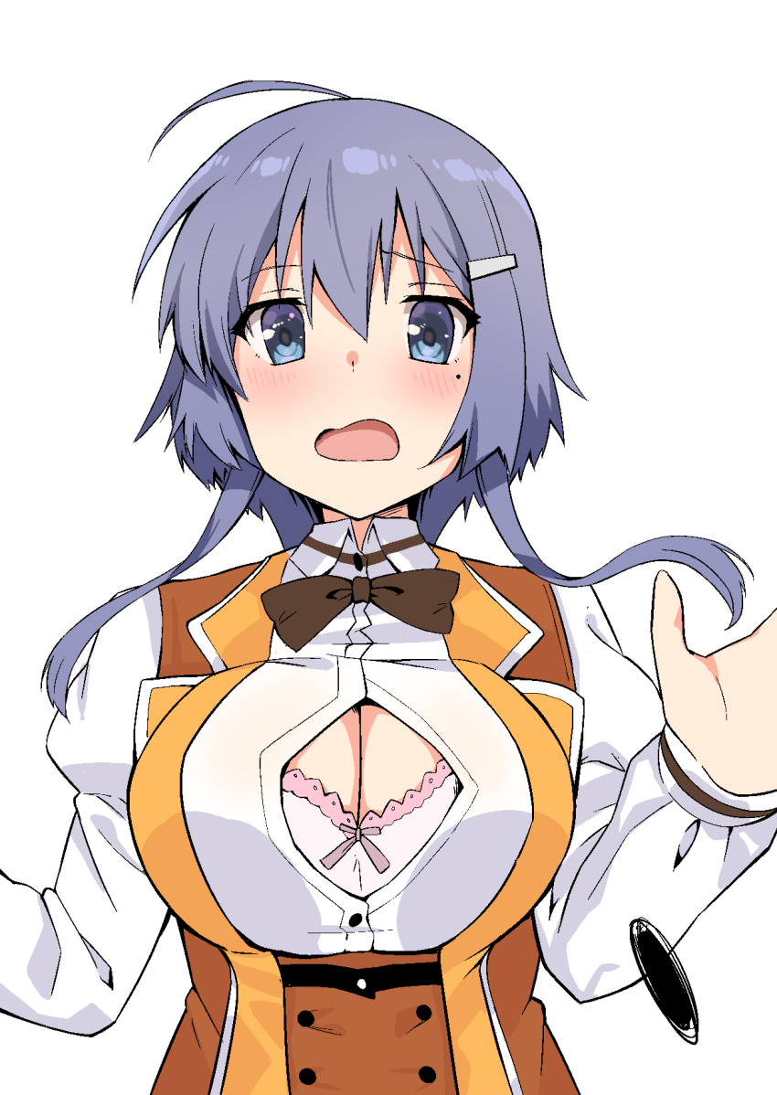 1girl :d ahoge blue_eyes blue_hair blush bow bowtie bra breasts brown_bow brown_bowtie cleavage collared_shirt commentary_request hair_between_eyes hair_ornament hairclip highres hitoiki jacket large_breasts long_hair long_sleeves looking_at_viewer mole mole_under_eye open_mouth orange_jacket osafune_girls_academy_school_uniform popped_button school_uniform setouchi_chie shirt simple_background smile solo toji_no_miko unbuttoned underwear upper_body white_background white_bra white_shirt winter_uniform