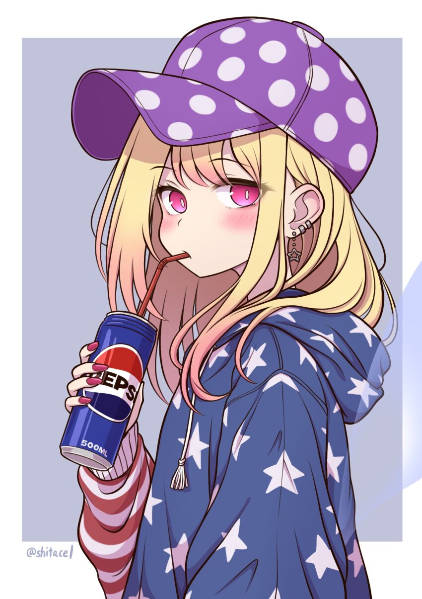 1girl adapted_costume alternate_headwear baseball_cap blonde_hair blue_hoodie blush can clownpiece commentary_request contemporary drinking drinking_straw ear_piercing earrings fairy_wings hat highres holding holding_can hood hoodie jewelry long_hair long_sleeves looking_at_viewer pepsi piercing pink_eyes polka_dot polka_dot_headwear print_hoodie purple_hat shitacemayo solo star_(symbol) star_earrings star_print touhou wings