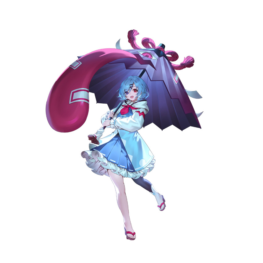 1girl adapted_costume black_pantyhose blue_eyes blue_hair blue_skirt frilled_skirt frills full_body game_cg geta hair_ornament hairclip heterochromia highres holding holding_umbrella karakasa_obake long_sleeves looking_at_viewer non-web_source official_art open_mouth pantyhose pleated_skirt purple_umbrella red_eyes second-party_source single_leg_pantyhose skirt smile solo tatara_kogasa tongue touhou touhou_gensou_eclipse transparent_background u_u_zan umbrella x_hair_ornament