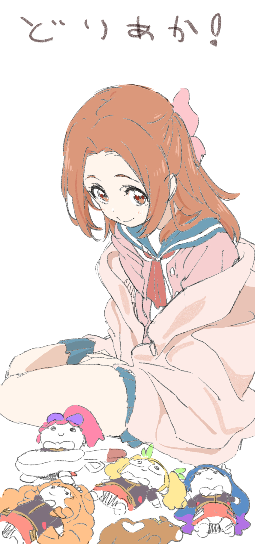 1girl absurdres aikatsu! aikatsu!_(series) blue_sailor_collar blue_skirt bow cardigan dot_nose forehead hair_bow highres long_hair looking_at_viewer neckerchief open_cardigan open_clothes orange_eyes orange_hair otoshiro_noel pink_bow pink_cardigan red_neckerchief sailor_collar saitou_atsushi_(kamatamanankotu) shirt simple_background sitting skirt smile solo straight_hair stuffed_toy v_arms white_background white_shirt