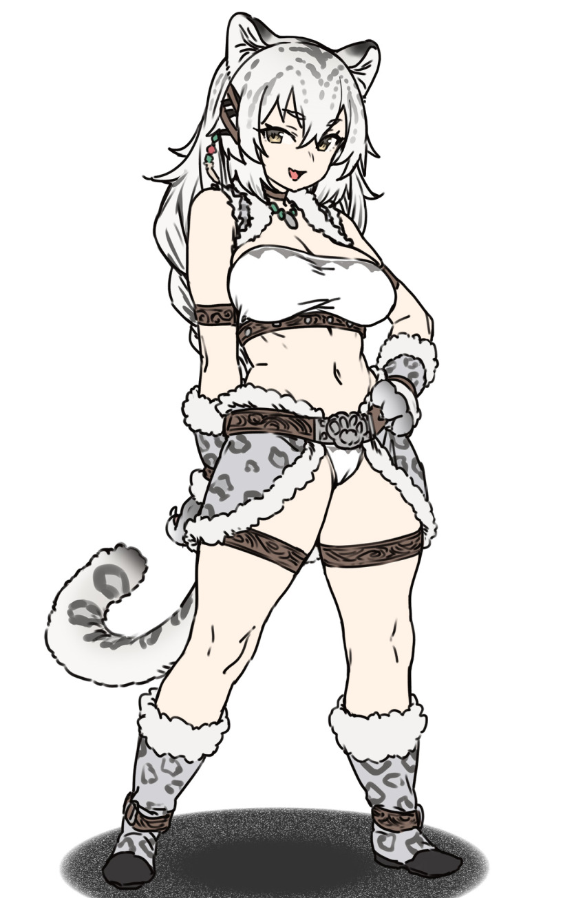 1girl animal_ear_fluff animal_ears animal_hands animal_print armband belt belt_buckle boots bracer braid breasts brown_belt brown_choker buckle cameltoe choker claws cleavage contrapposto crop_top fang full_body fur-trimmed_boots fur-trimmed_bracer fur_trim hair_between_eyes highres houtengeki jewelry large_breasts leopard_pelt leopard_print leopard_print_clothes long_hair looking_at_viewer low-braided_long_hair low-tied_long_hair midriff navel necklace open_mouth original panties pelt shirt sidelocks simple_background single_braid skin_fang smile snow_leopard_ears snow_leopard_girl snow_leopard_pelt snow_leopard_tail solo spotted_hair spotted_tail standing strapless tail thigh_strap tube_top underwear white_background white_hair white_panties white_shirt yellow_eyes